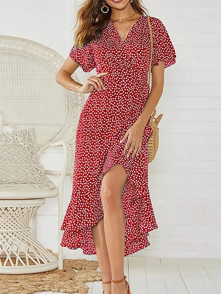 Summer Beach Maxi Dres Floral Print Boho Long Chiffon Dress Ruffles Wrap Casual VNeck Split Sexy Party Robe Femme 250717