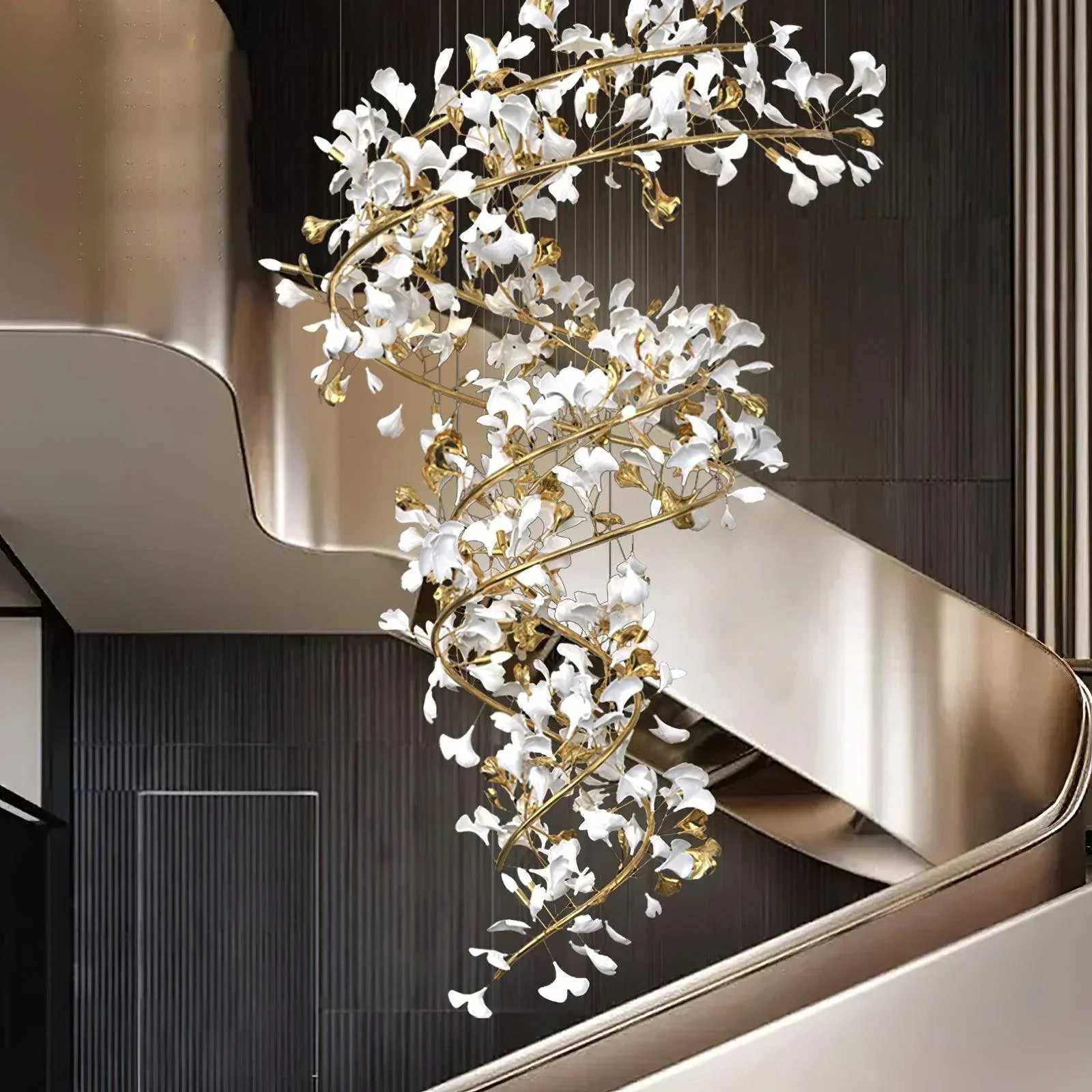 Modern Luxury Loft Ginko Leaf Chandelier for Duplex Staircase Villa Hotel Lobby Artistic Large Long Ginko Leaf Pendant Lamp HallXJ250725