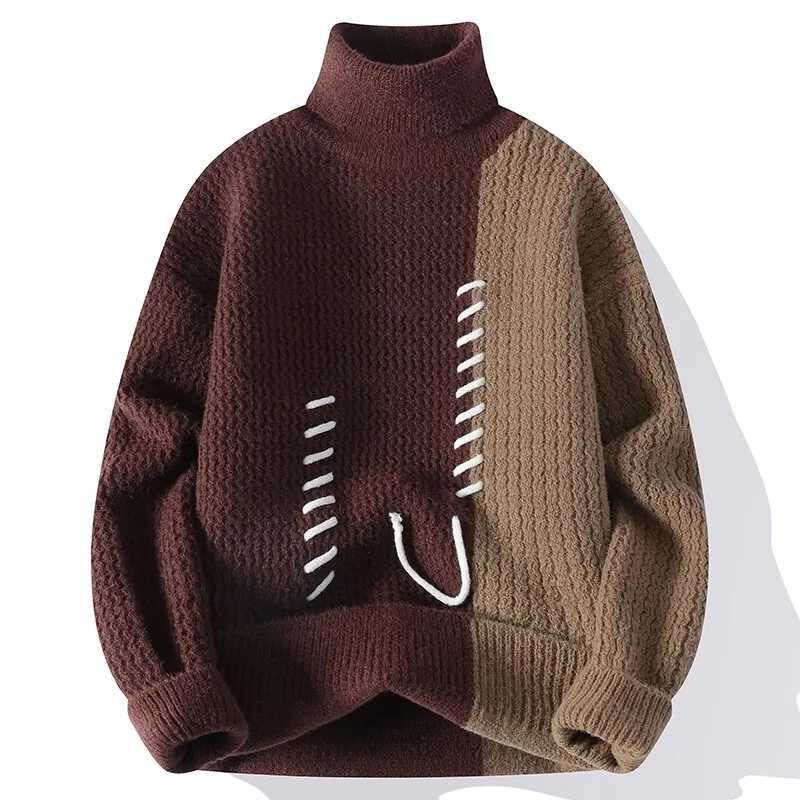 Autumn Winter Mens Knitted Turtleneck Sweater Fashion Patchwork Casual Knit Pullovers Men Loose Warm Pull Sweaters Streetwear Z250725