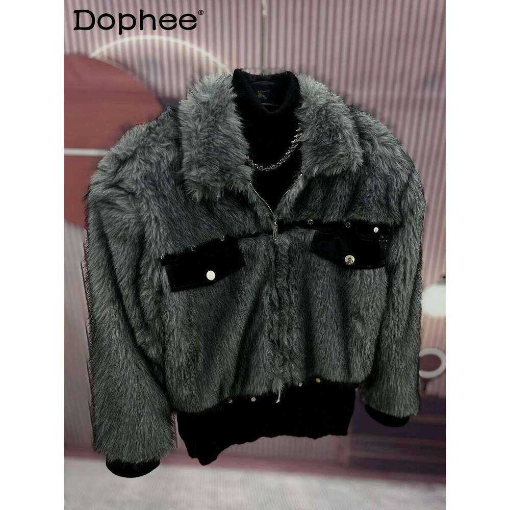 2024 Winter New Splicing Imitation Mink Fur Jackets Men's Plush Light Loose Trendy Coats Long-Sleeve Short Jacket