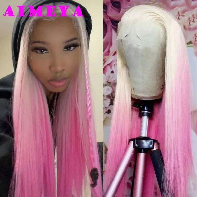 AIMEYA Ombre Synthetic Lace Front for Women 13x4 Platinum Blonde Roots Pink Wig Long Silky Straight Colorful Wigs