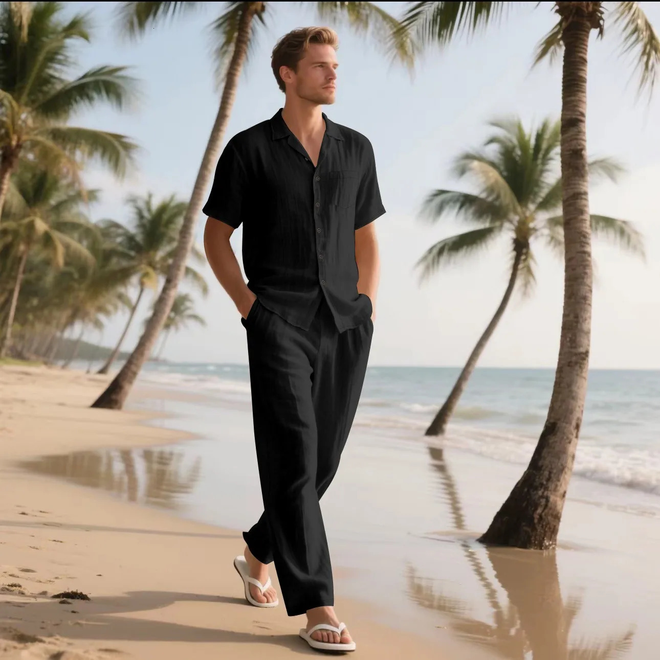 Summer Beach Mens Linen Short-Sleeved Shirt Set is a Two-Piece Long Pants Set Suitable for Daily Casual Beach Vacations 250725