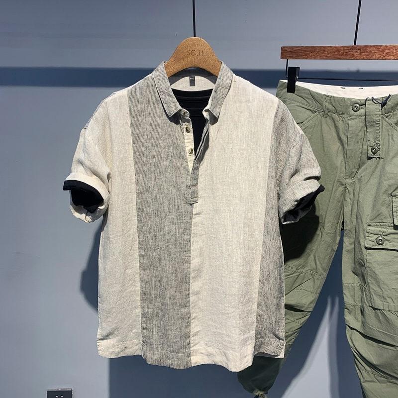 Light Linen Short Sleeve for Men, Summer Large Size, 150kg American Style Casual Patchwork Color Block Youth Shirt