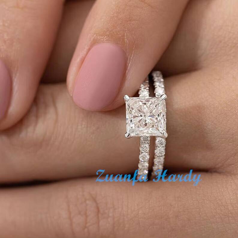 Luxury Women Moissanite Ring Gold Princess Cut Ring Set Lab Grown Diamond 18K White Moissanite Diamond Ring