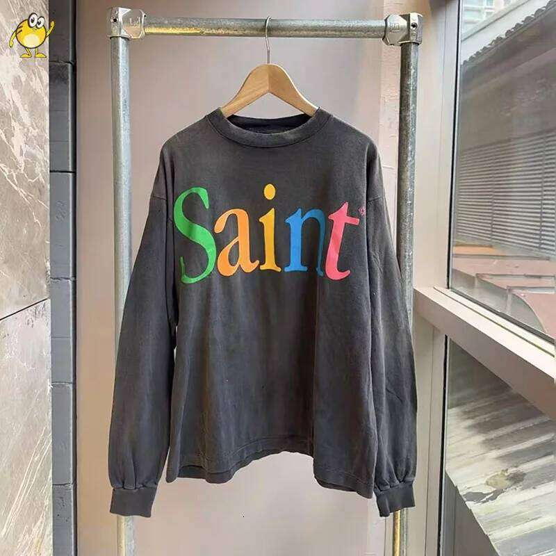 25SS New SAINT Long Sleeve T-shirt Men Woman Good Quality Washed Do Old Casual Vintage Letter Print Streetwear Hip Hop