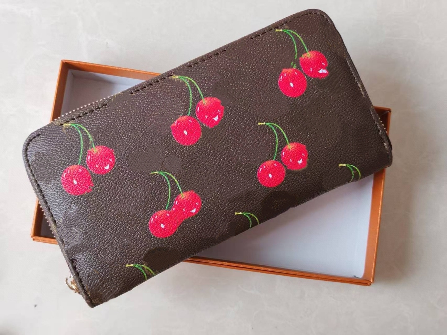 Womens cherry denim designer wallets fashion women men wallet leather wallet single zipper lady ladies long classic coin flower purse