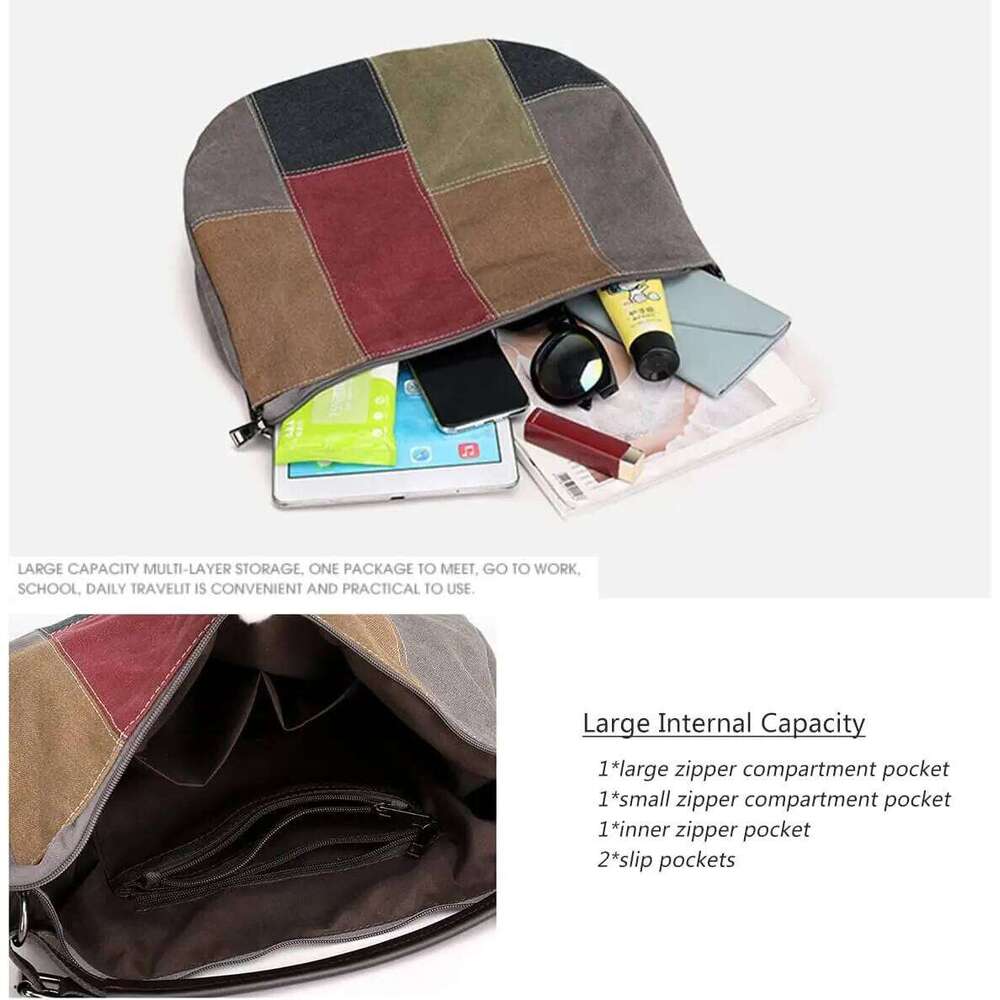 Vintage Patchwork Canvas Tote Fashionable Single Shoulder Crossbody for Women Large Capacity Color-Block Underarm Bag