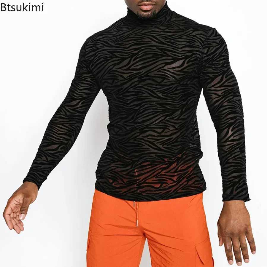 Mens T Shirt Perspective Turtleneck Long-sleeved Lace Tight Fitting T-shirt for Men Streetwear Bottoming Shirt Inside Male Tops Z250725
