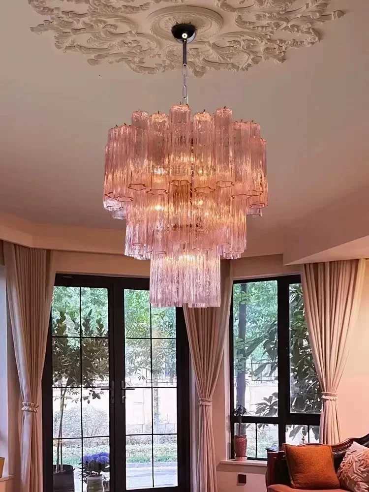 Italian Designer Vintage Texture Glass Ceiling Chandeliers Transparent Pink Home Decoration Hanging Lamps for Living Room Lustre XJ250725