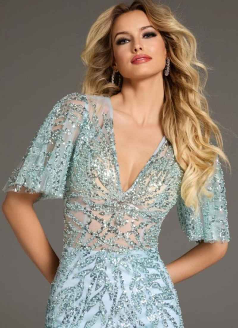 Blue Slim Evening Dress V Neck Short Sleeve Crystal Lace Sweep Train Dress Formal Occasion Women Long Gowns Customised