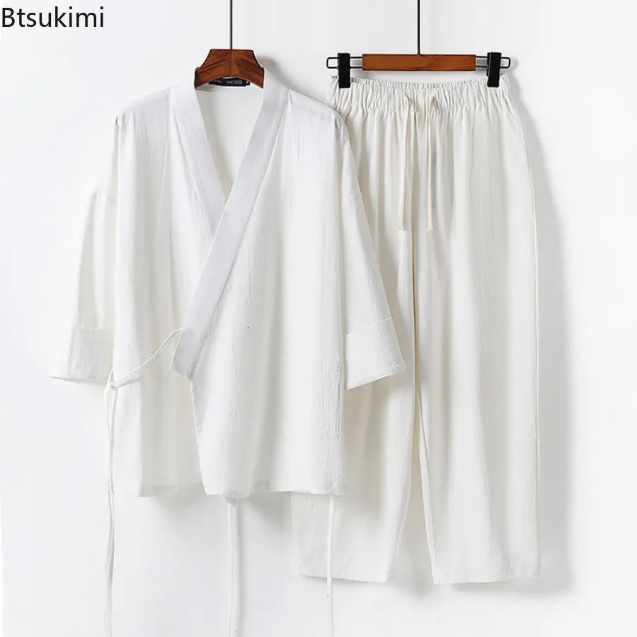 2025 Mens Summer Cotton Linen Two Pieces Chinese Style Lace Up Kimono TopsPants Casual Suit Male Vintage Hanfu Tang Suit M9XL 250724