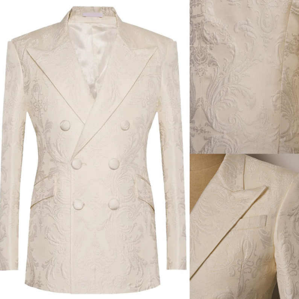New Fashion Jacquard 2 Pieces Men Suits One Button Peaked Lapel Tuxedo Slim Wedding Groom Prom Plus Size Costume Homme Bridegroom Tailor Made Coat Pants
