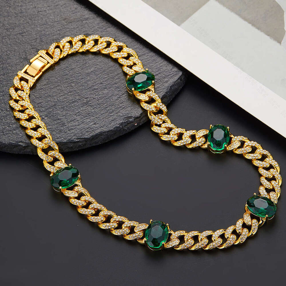 New Hip-Hop Alloy Rhinestone Luxurious Versatile 13mm Emerald Cuban Chain Necklace Special