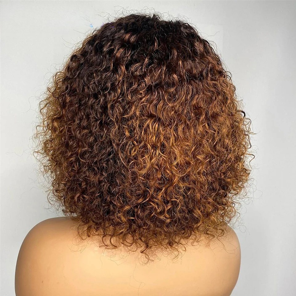 Highlight Blonde Short Pixie Afro Kinky Curly Bob Human Hair Wigs With Bangs For Women Ready To Wear Ombre Brown Wigs Synthetic Wig
