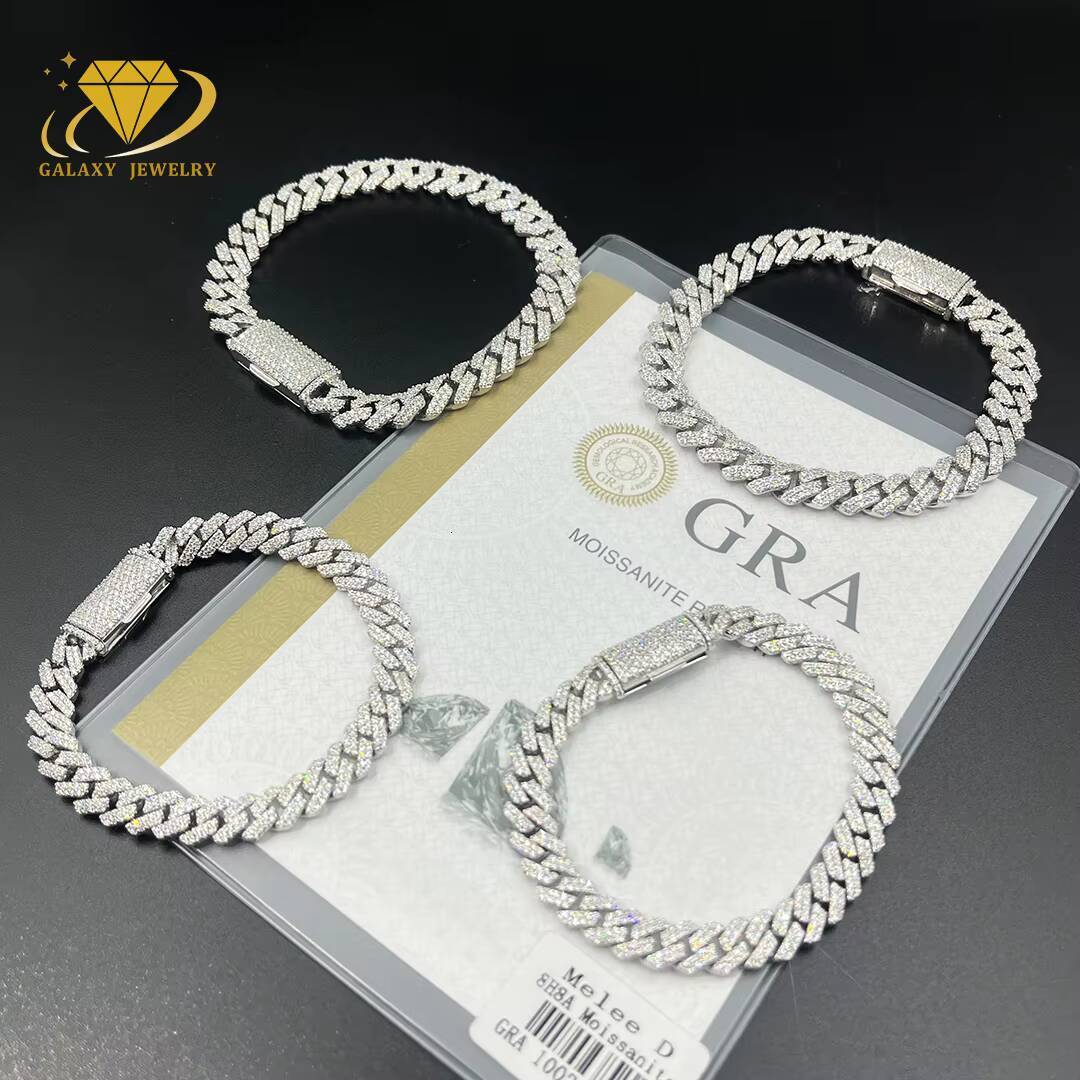 Wholesale 2rows Moissanite Cuban Chain 8-14mm 925 Silver Iced Out Mosssanite Diamond Fine Cuban Chain Link Bracelets