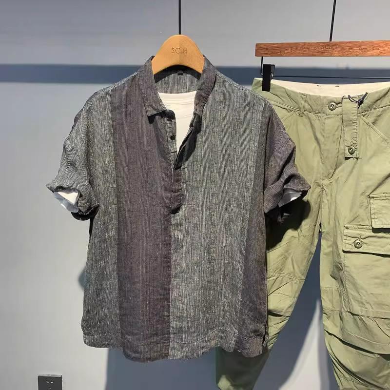 Light Linen Short Sleeve for Men, Summer Large Size, 150kg American Style Casual Patchwork Color Block Youth Shirt