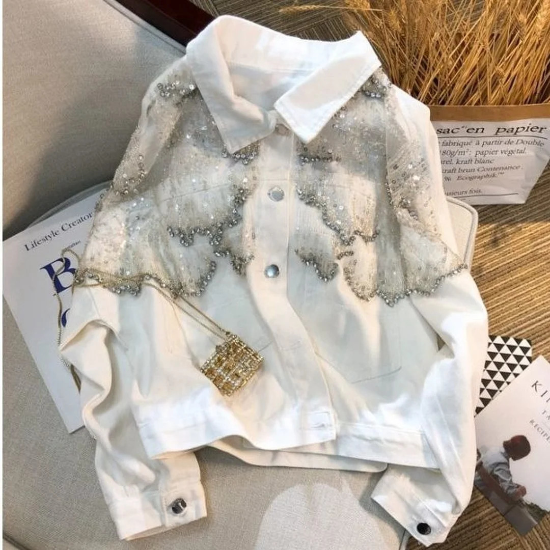 Diamond Denim Jacket Womens Clothing Spring and Autumn Lace Embroidery Cropped Denim Coat Korean Loose Fashion Retro 250725