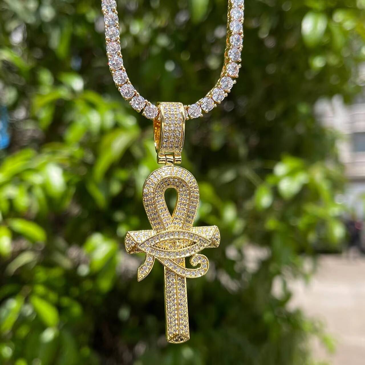 24K Gold 925 Silver Egyptian Ankh Cross Pendant Eye Horus Necklace with Moissanite Charms Cultural African Design for Men Women