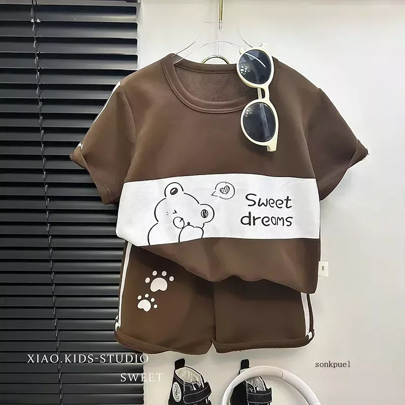 2Pcs Cartoon Bear Children Short Sleeve Shorts Sets Summer Kids Clothes Boy Girl Baby Thin Cotton Tee Tracksuits Fashion Outfits 250725