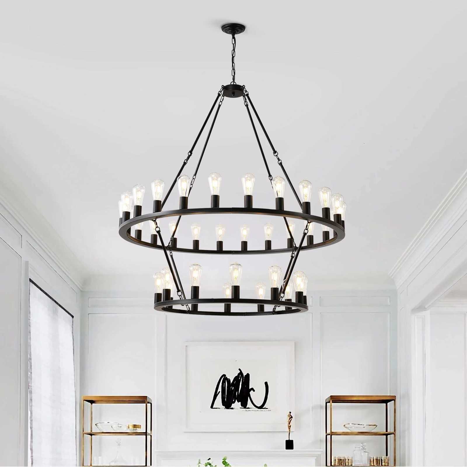 48 Inch Black Extra Large Wagon Wheel Chandelier 2 Tier 36-Lights (Not Included) Farmhouse Industrial Round High Ceiling Pendant Light XJ250725