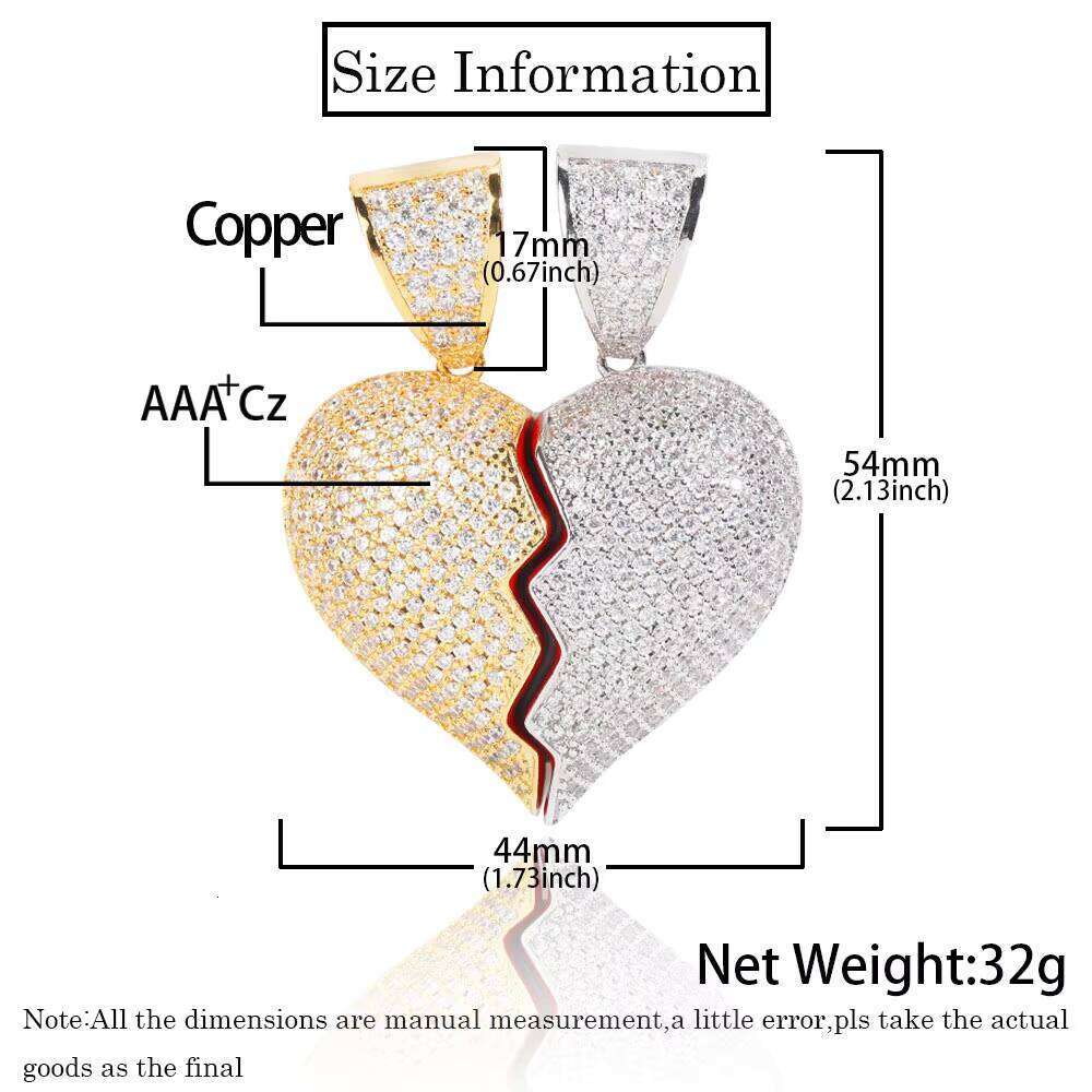 Hip Hop Iced Out Drop Moissanite Broken for Couples Half Heart Couple Necklace