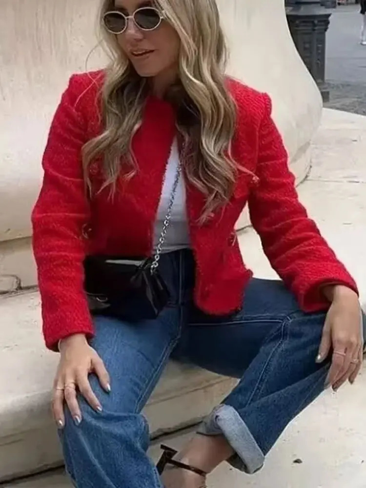 TRAFZA Autumn Fashion Women Short Jacket Camel Tweed Long Sleeve Button Frayed Cropped Tops Elegant Y2k Vintage Chic Coats 250725