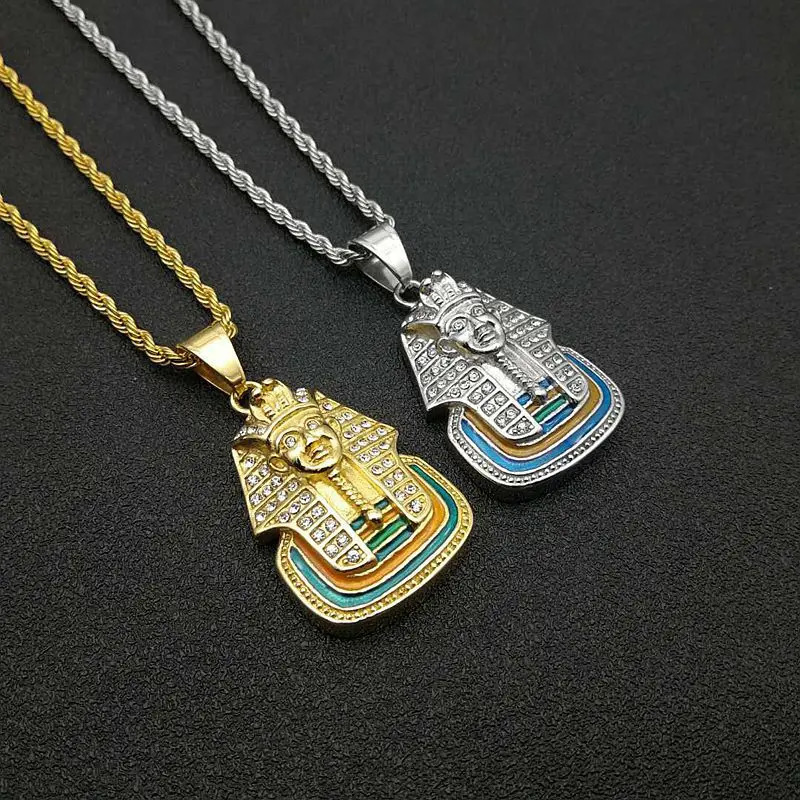 Egyptian Iced Out Bling Pharaoh Pendant Necklace Inlay White Zircon Gold Color Stainless Steel Necklace For Men Egyptian Jewelry 250724