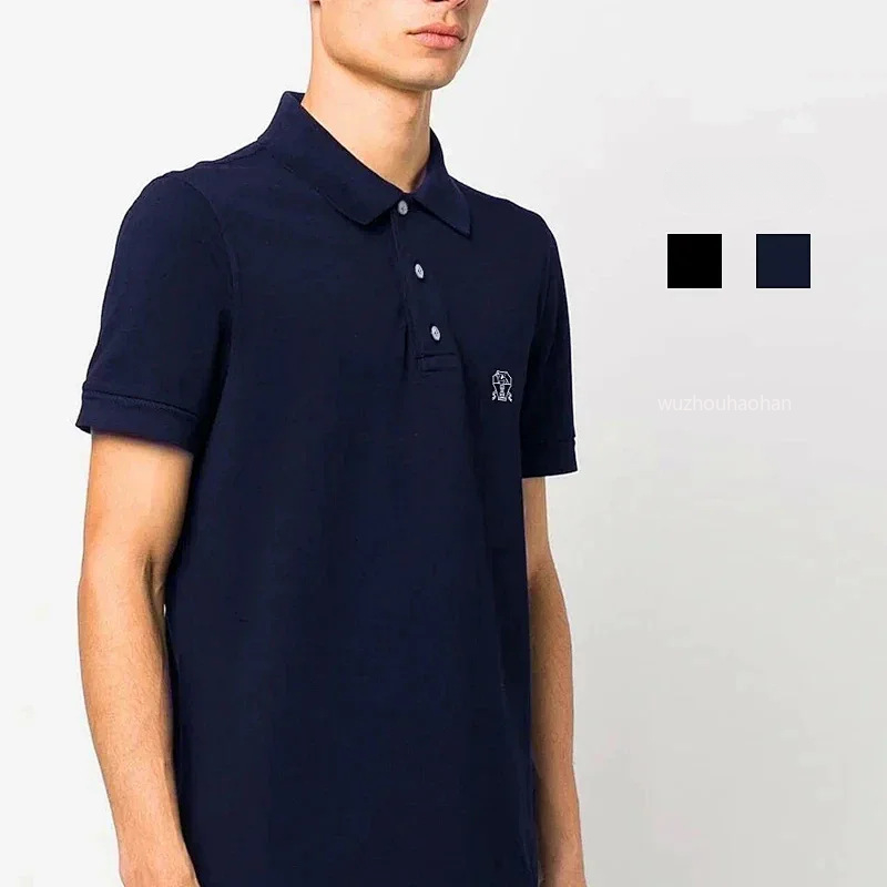 Men Polos Summer Silk Cotton Lapel Polo Shirt Black and Blue B1289