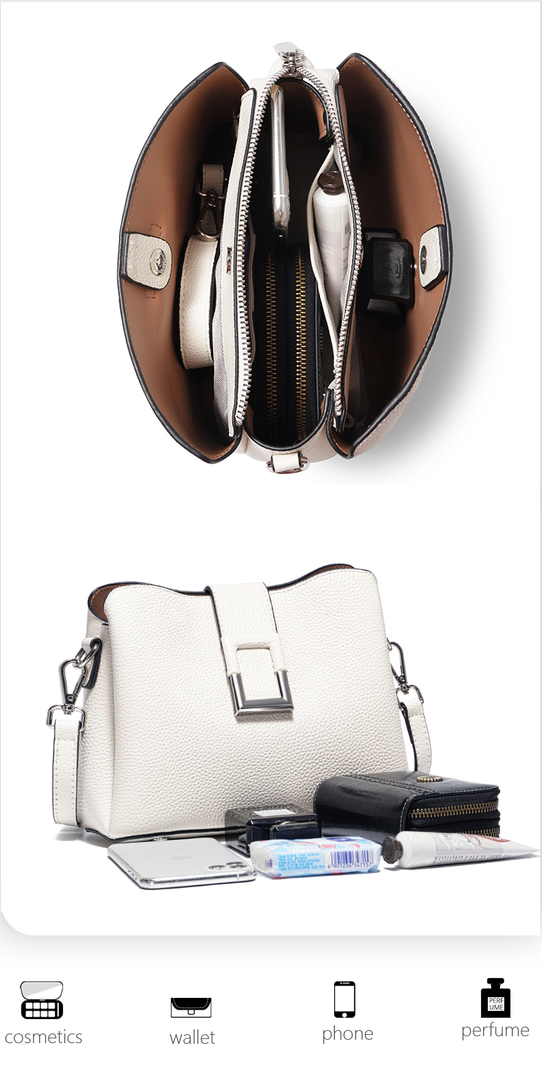 A high-end women's crossbody bag with soft leather, a large-capacity commuter bucket single-shoulder bag for women
