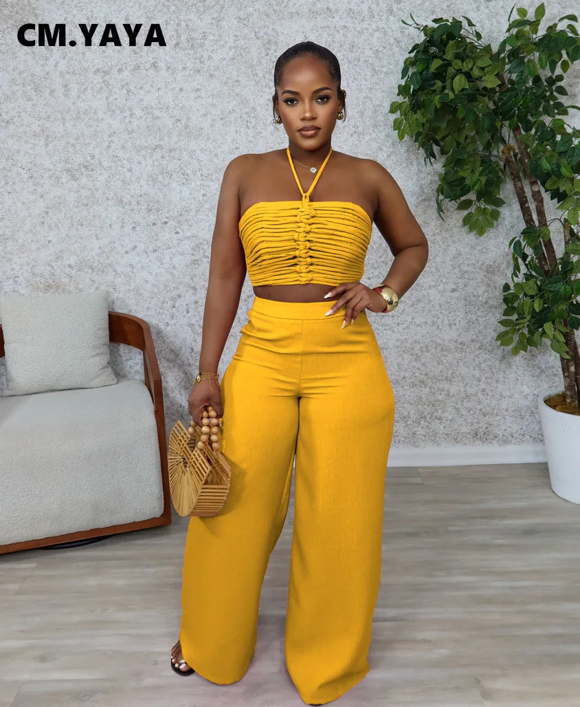 100% Cotton Womens Set Strapless Ruched Halter Top and Wide Leg Pants Suits Street Party Two 2 Piece Sets Outfits Tracksuit 250723