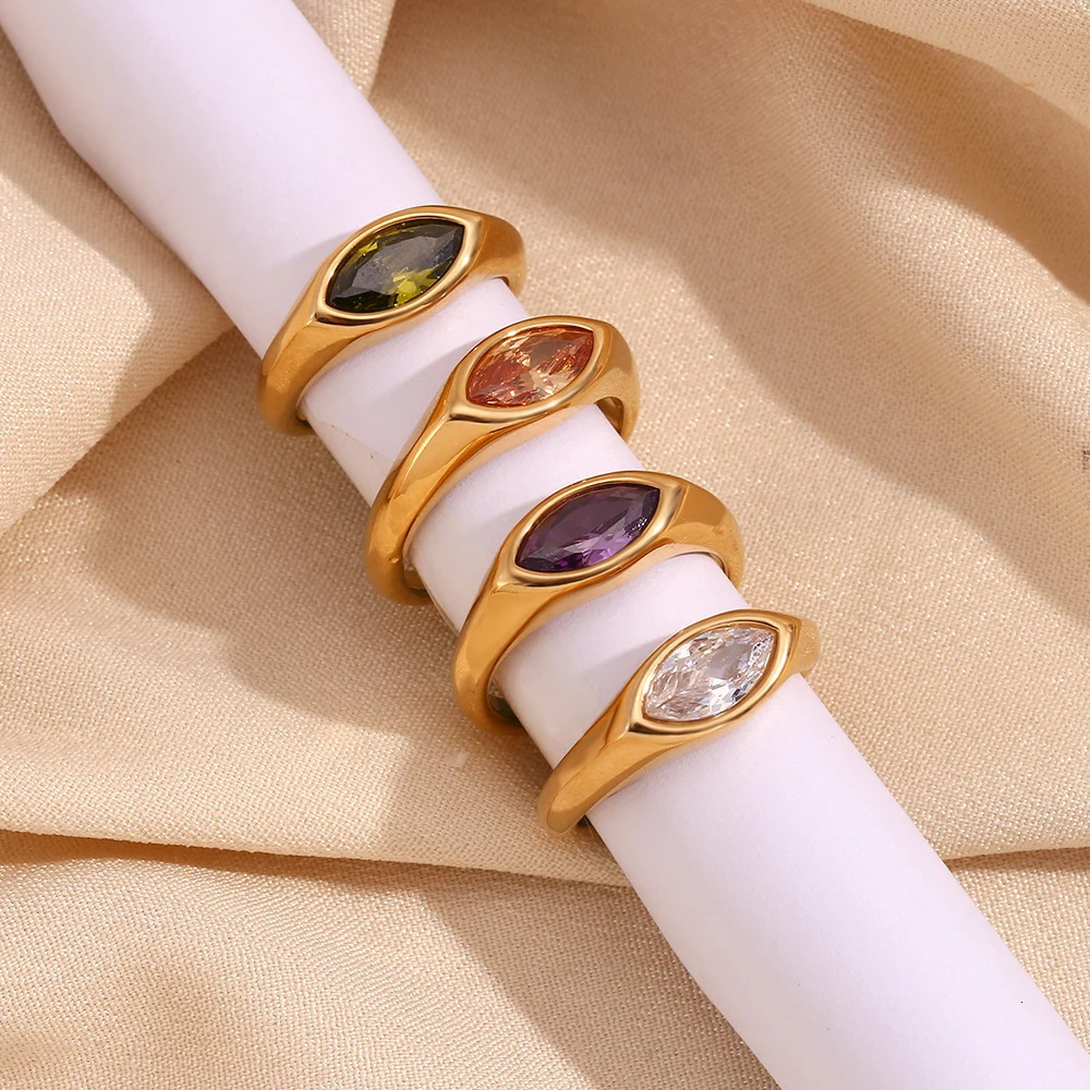 EBbelle Horse Eye Zircon Seal Ring Colorful Hypoallergenic 316L Stainless Steel Decoration 18K Gold Plated Jewelry 250716