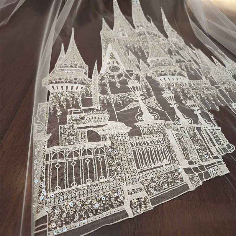 Graceful New Wedding Veils Customized Castle Sequined Lace One Layer Bridal Veil with Comb Wedding Accessories