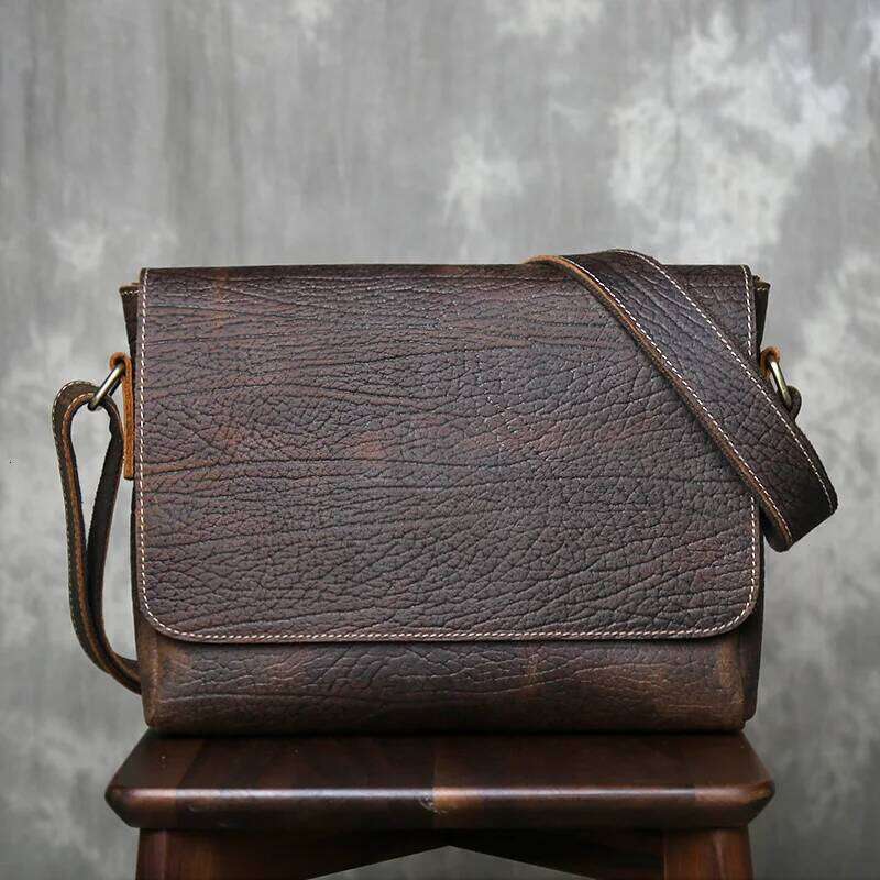 OLOEY Men's Tree Patterned Retro Top Layer Cowhide Genuine Leather Mailman Shoulder Crossbody Official Document Men Bag