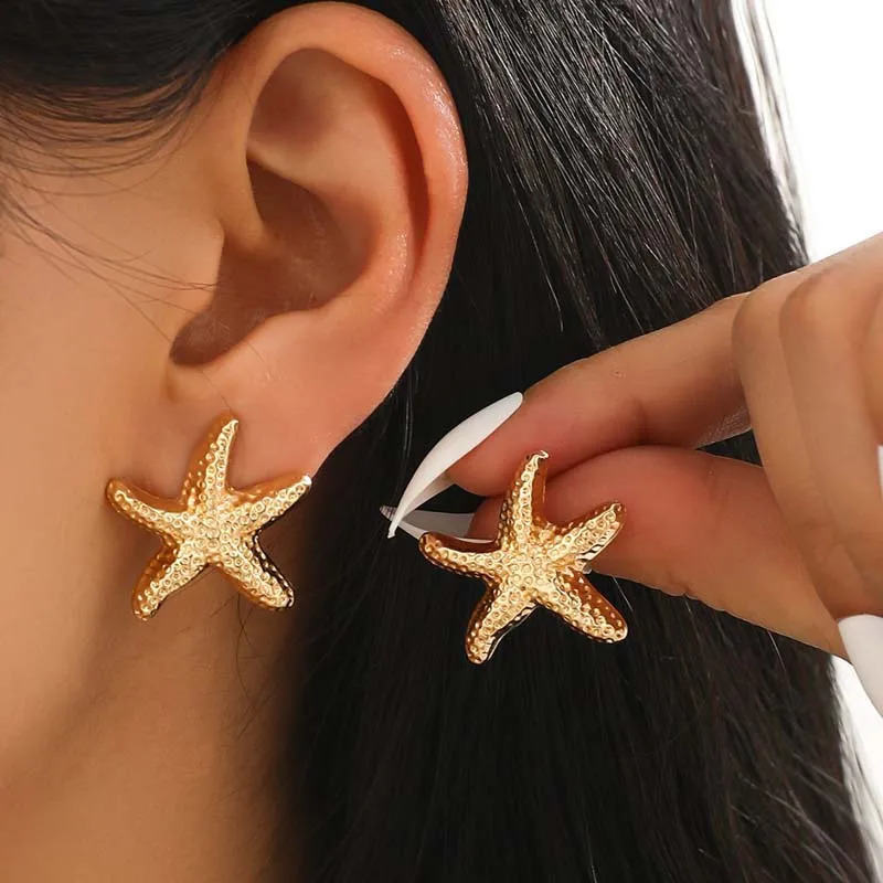 Punk Metal Starfish Stud Earrings For Women Fashion Gold Color Star Geometric Temperament Summer Jewelry Gift 250715