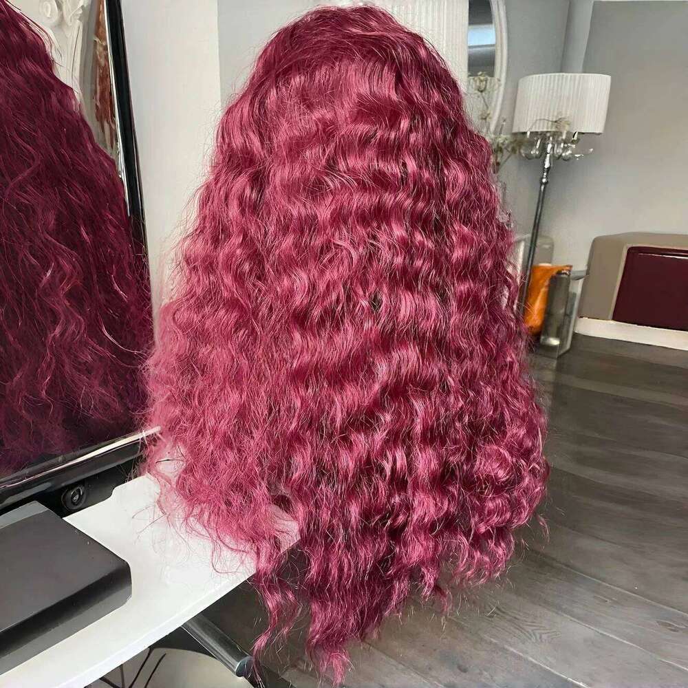 Bury Long Deep Wave 13x4 Lace Front Synthetic Hair Wigs for Women Wine Red Natural Hairline Daily Use Heat Resistant Wig