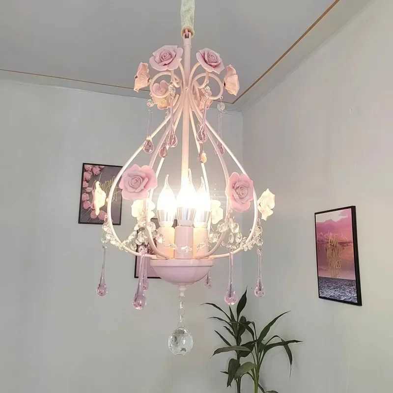 Pink Rose Bouquet Crystal Ceiling Chandelier Girls Bedroom Decorative Light Romantic Warm Children Princess Room Hanging Light XJ250725