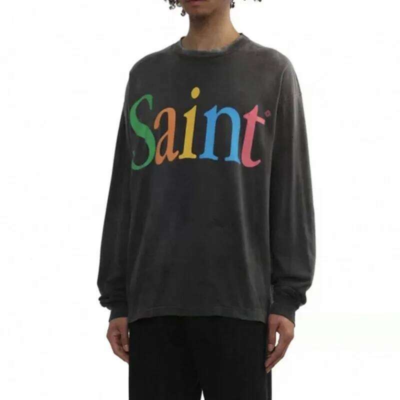 25SS New SAINT Long Sleeve T-shirt Men Woman Good Quality Washed Do Old Casual Vintage Letter Print Streetwear Hip Hop
