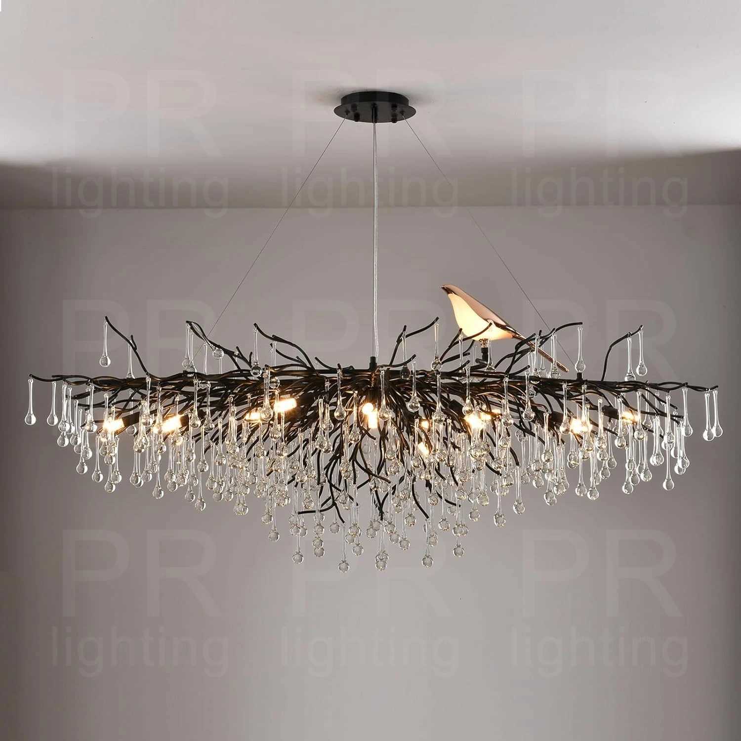 Modern Gold Crystal Tree Branch Chandelier Bird Raindrop Hanging Pendant Light Fixture for Living Dining Table Room Pendant LampXJ250725