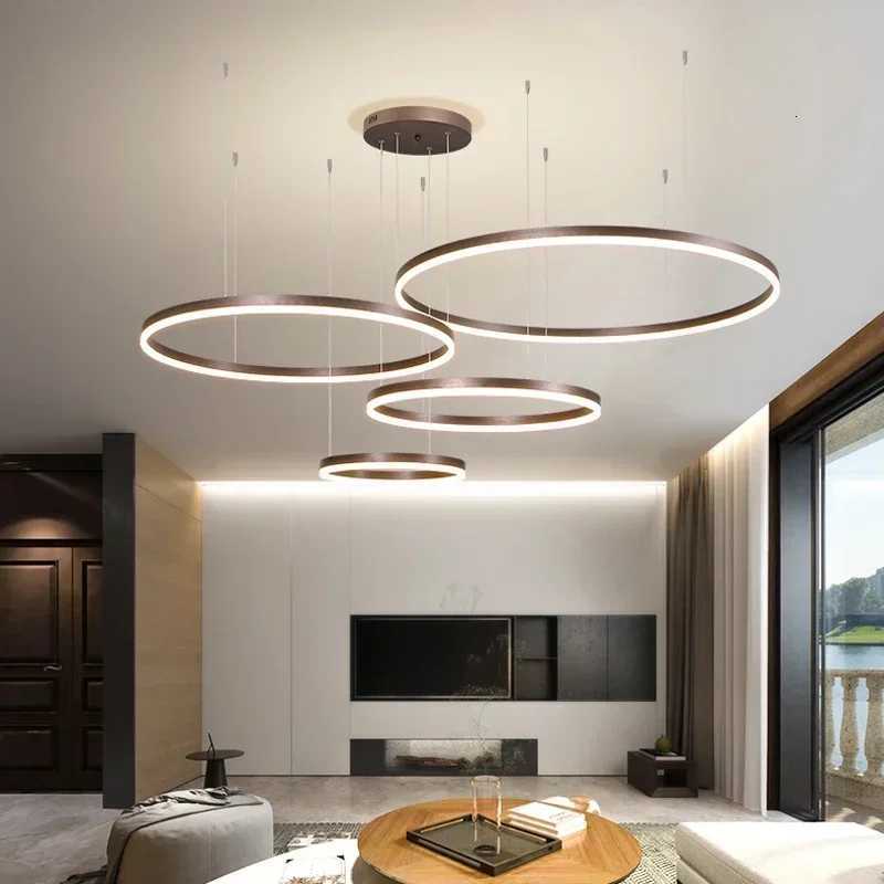 Modern LED Pendant Lights Home Lighting Brushed Rings Ceiling Mounted Chandelier Round Hanging Lamp Gold Coffee Color Lustre XJ250725
