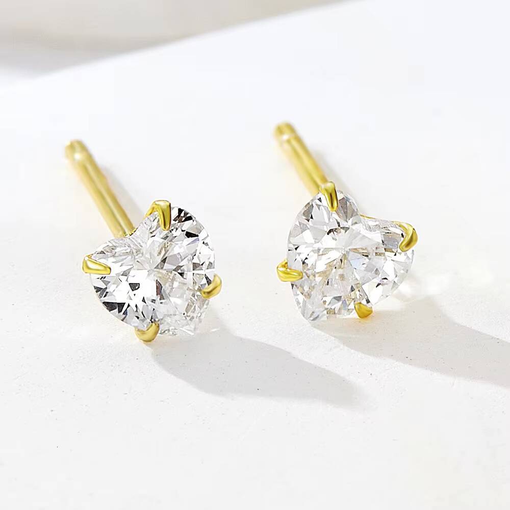 Fashion Cute Earrings 925 Sterling Silver Heart Earrings Single Diamond Zircon Gold Plated Stud Earrings Jewelry Women