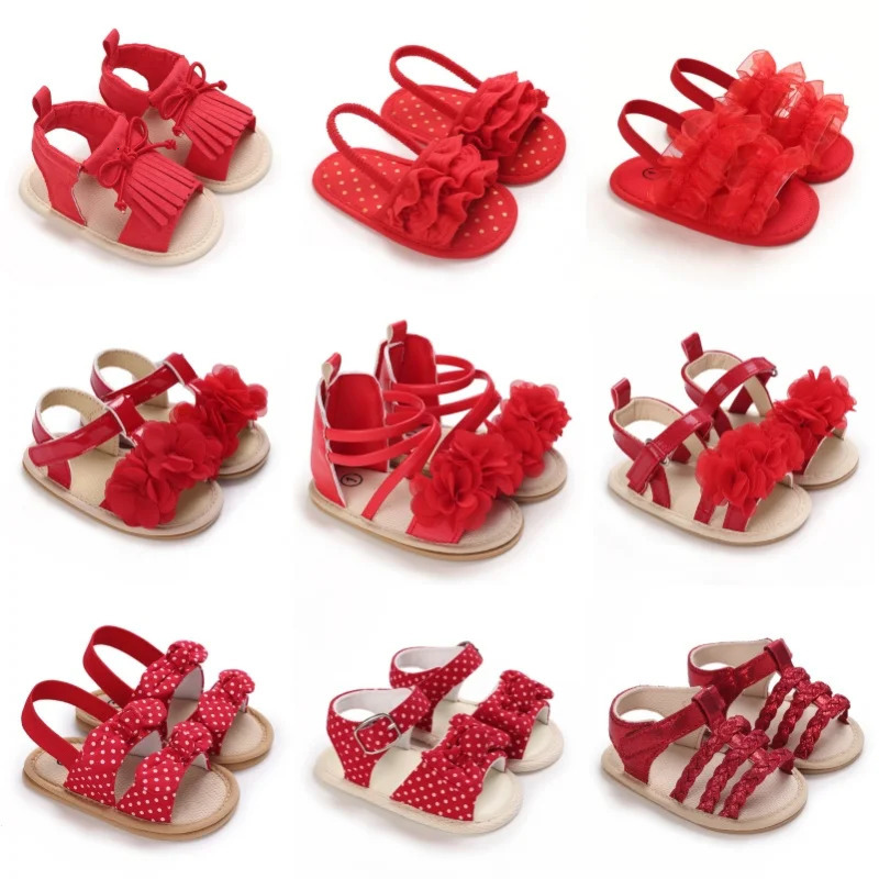 Summer Baby Girl Sandals Red Festive And Cute Flower Shoes Soft Rubber Soles Comfortable Casual Walking Shoes 250725