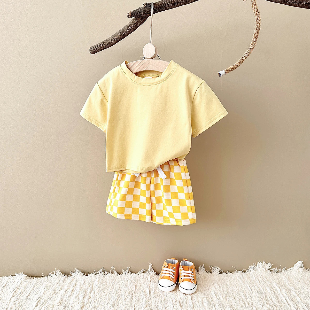 2Pcsset born Baby Infant Clothes Solid Color TshirtCheckerboard Shorts Boys Girls Casual Summer Outfit Set 250725
