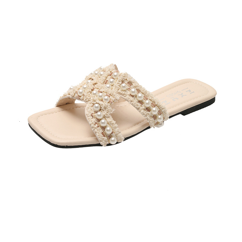 Lanjia- Outdoor Fashion Women's Flat Sandals Casual Retro And Sexy 2025 Summer New Soft-Soled Designer Shoes Fairy Pearl Beach Slippers C35a4