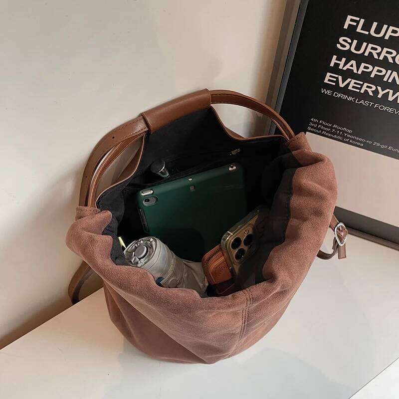 2024 Latest Women Fashion Backpacks Drawstring Bucket Shoulder Bags Soft Suede Large Capacity Rucksack For Travelling Shopping