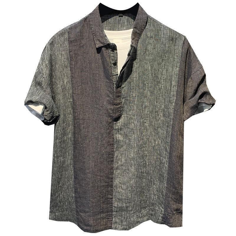 Light Linen Short Sleeve for Men, Summer Large Size, 150kg American Style Casual Patchwork Color Block Youth Shirt