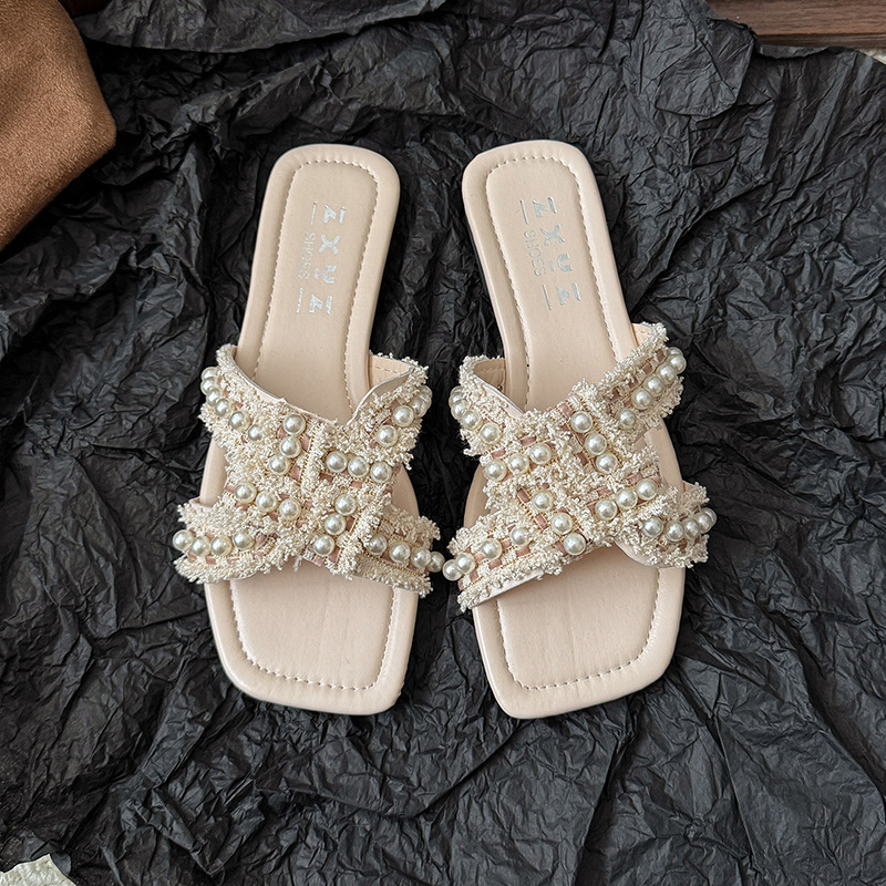 Lanjia- Outdoor Fashion Women's Flat Sandals Casual Retro And Sexy 2025 Summer New Soft-Soled Designer Shoes Fairy Pearl Beach Slippers C35a4