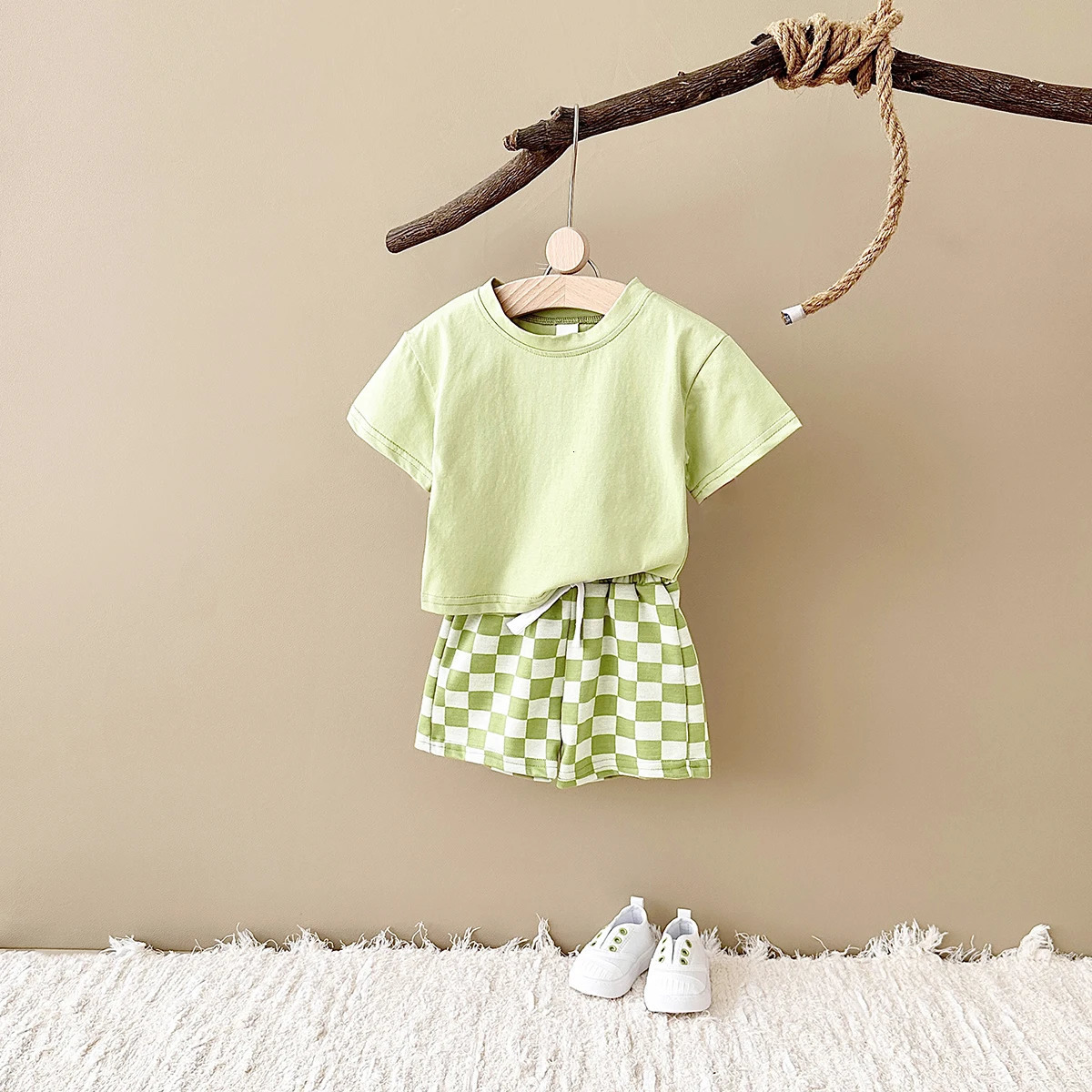 2Pcsset born Baby Infant Clothes Solid Color TshirtCheckerboard Shorts Boys Girls Casual Summer Outfit Set 250725