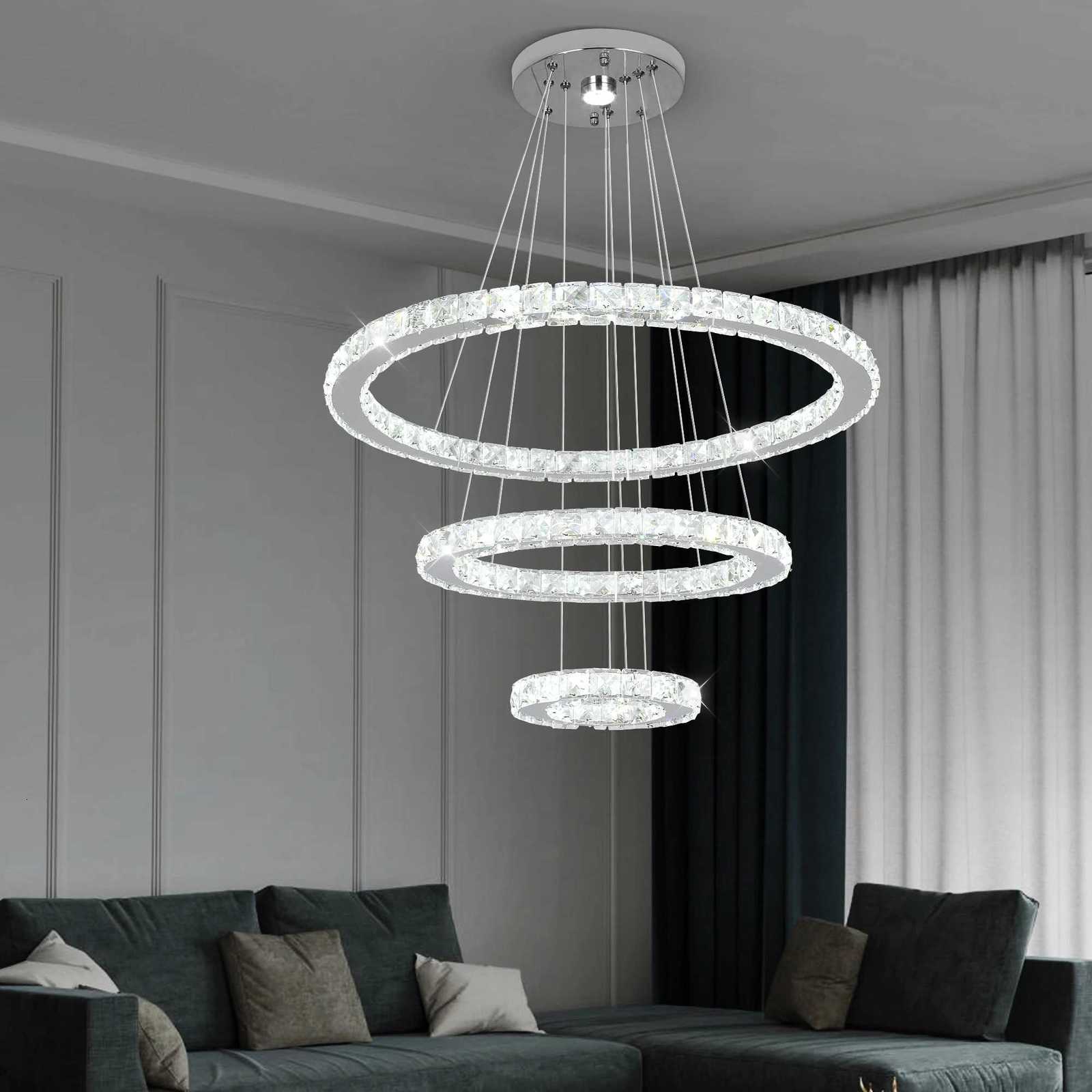 Luxury Crystal Led Chandelier Lamp Home Luminaire Rings Adjustable Pendant Light Fixture With Remote Control Bedroom Living Room XJ250725