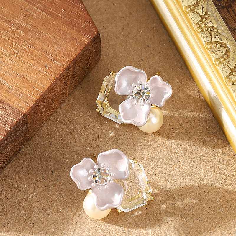 S Sier Needle Korean Version Super Fairy Exquisite Pastoral Style Inlaid Dia Pearl Oil Drop Flower for Women Elegant Versatile Earrings