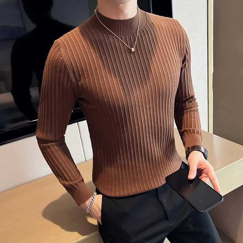 Plain Color Men Striped Sweater British Style Slim Fit Half Turtleneck Mens Casual Sweaters All Match Long Sleeve Pullovers Man Z250725